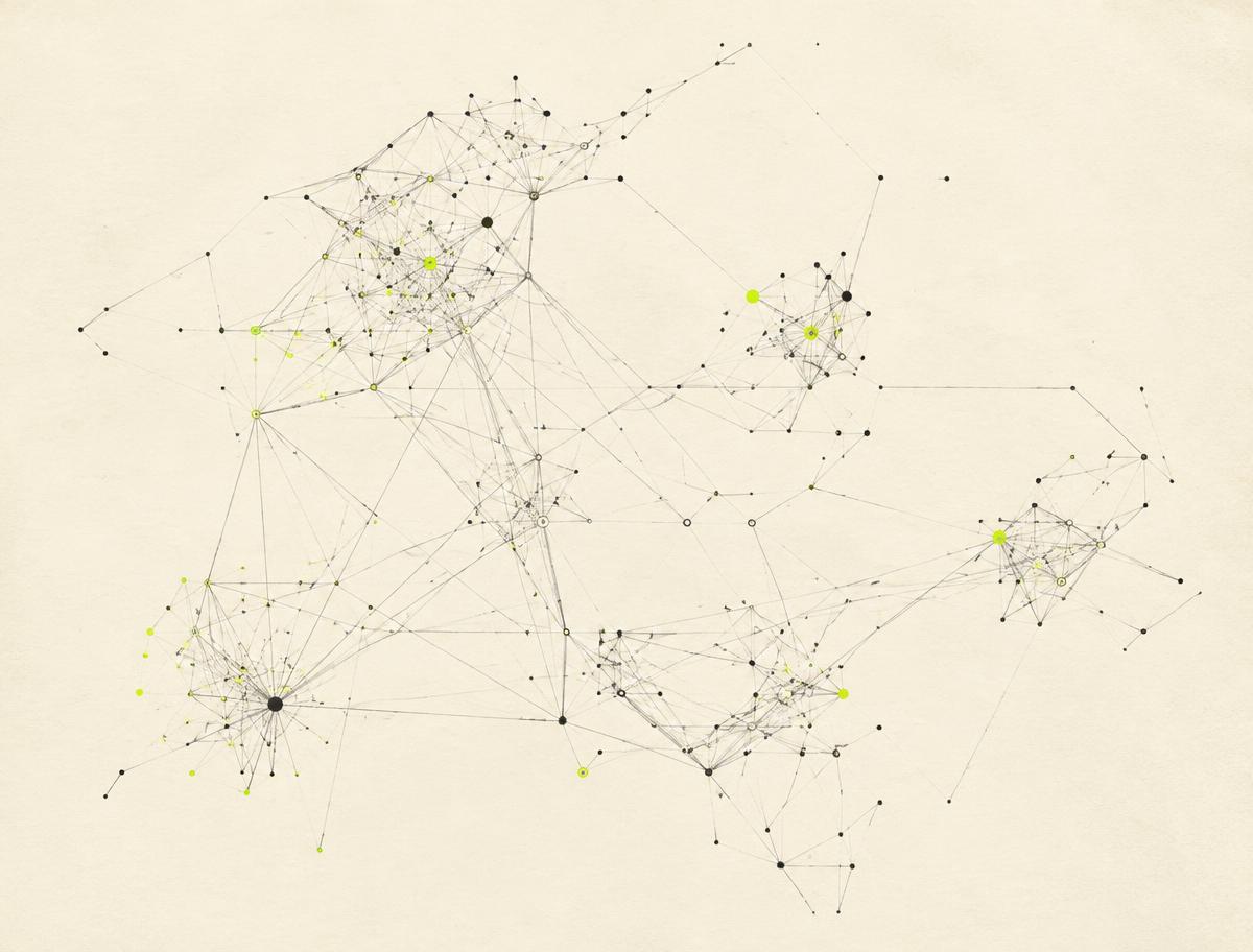 Technical illustration of a network of connected nodes on ivory paper